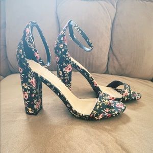 Black Floral Strappy Block Heels